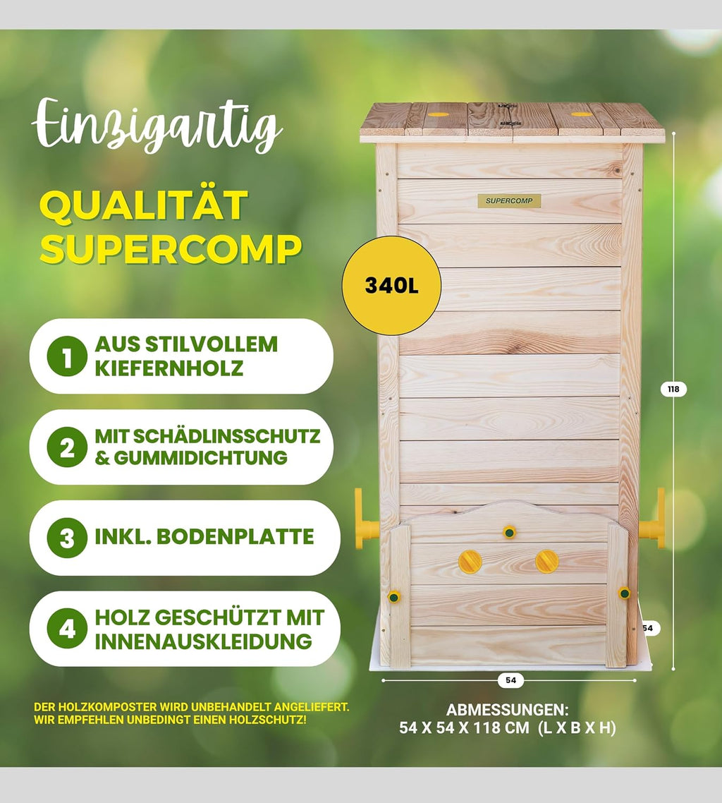 Compostador de madera a prueba de ratas con tapa, protección contra plagas, rejilla de ventilación y base, técnica deslizante para compostaje sin malos olores, sin necesidad de volteo, 340 L