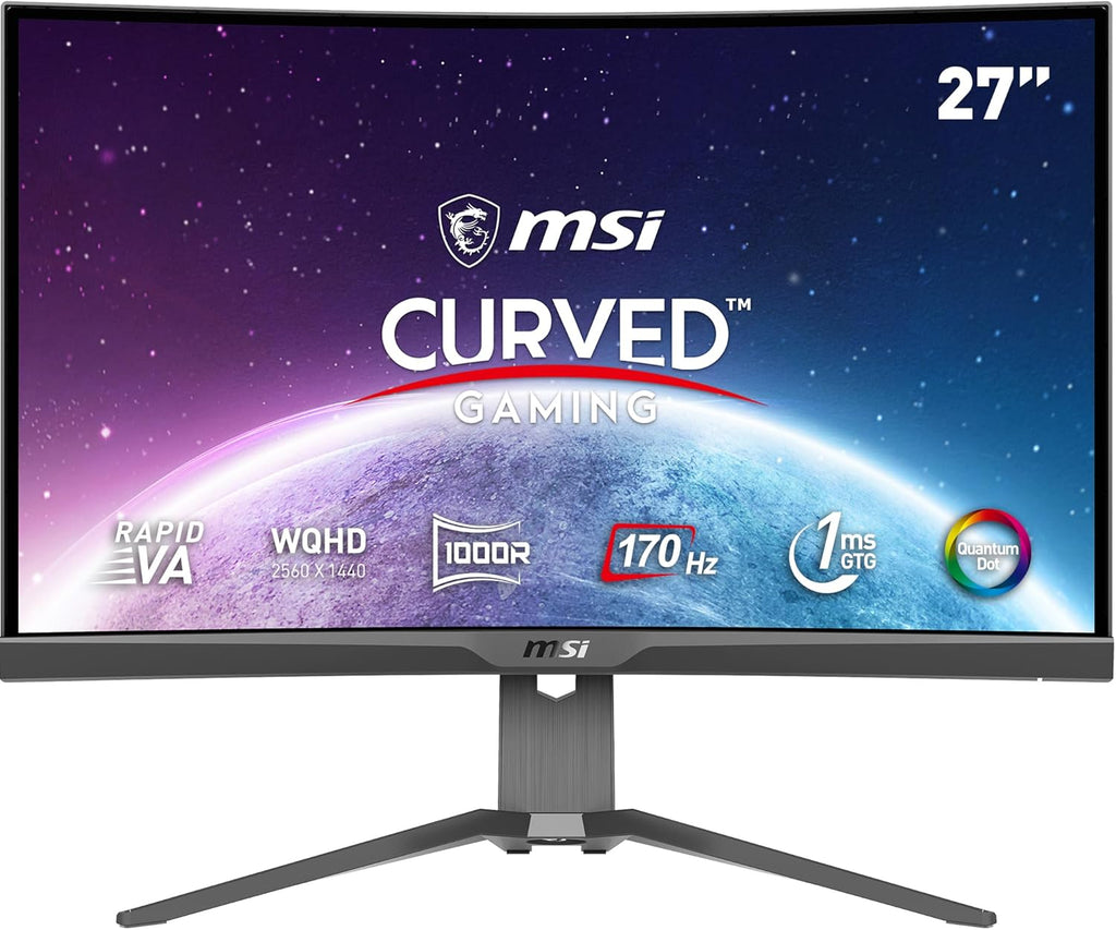 Monitor Gaming curvo MSI MAG 275CQRF-QD de 27" WQHD - Panel Rapid VA 1000R, 2560x1440, 16:9, 170Hz / 1ms, FreeSync Premium, HDR Ready, soporte ajustable - HDMI 2.0b, DisplayPort 1.2a, USB Type-C, USB 2.0