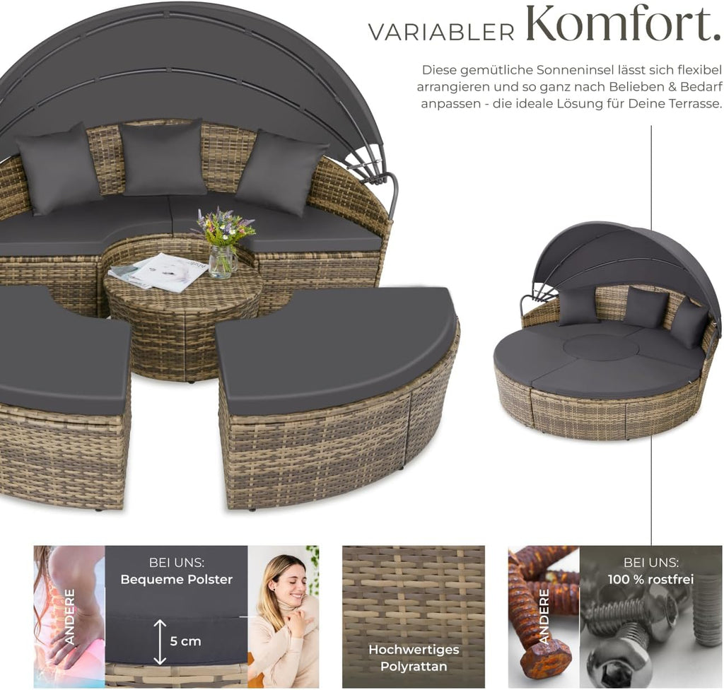 tectake® Sofá cama de jardín, isla solar para exteriores resistente a la intemperie, sillón de jardín, tumbona para 2 personas y más, mueble multifuncional para terraza o balcón, tumbona de jardín resistente a la intemperie - Naturaleza
