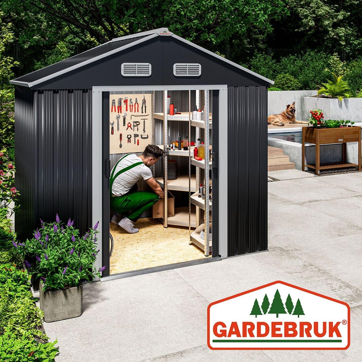 Caseta de jardín de metal GARDEBRUK® XL 2 m² con base 196x132x188 cm, puerta corredera, antracita, cobertizo de herramientas, caseta de jardín, armario 4 m³