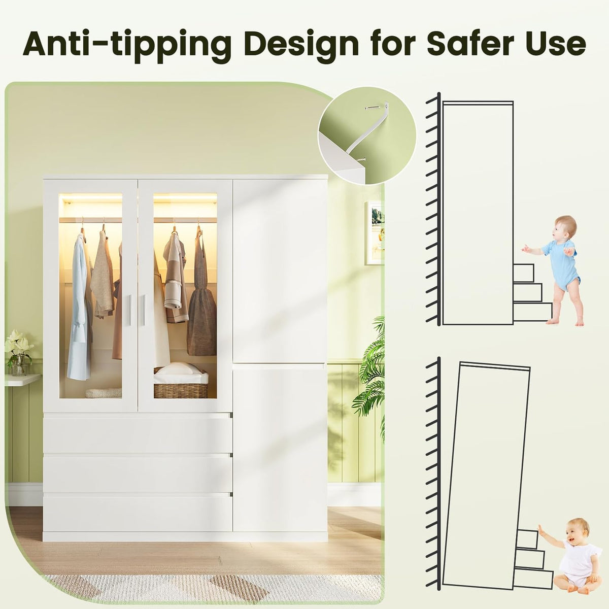 Armario de cuatro puertas Dripex, ropero minimalista con una barra para colgar ropa y 3 cajones | 120 x 48 x 180 cm | Blanco, armario para dormitorio