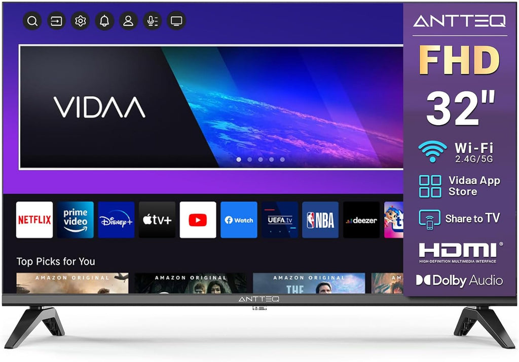Smart TV Antteq Serie Vita de 32 pulgadas (80 cm) Full HD, televisión con Netflix, Prime Video/Disney+/YouTube/Rakuten/WiFi, compartir a la TV, HDMI