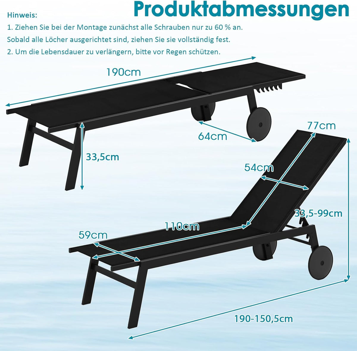 COSTWAY Juego de 2 tumbonas con ruedas, tumbona de jardín con respaldo ajustable y tejido de secado rápido, tumbona con ruedas con capacidad de carga de 150 kg, silla reclinable para jardín, balcón, terraza (negro)