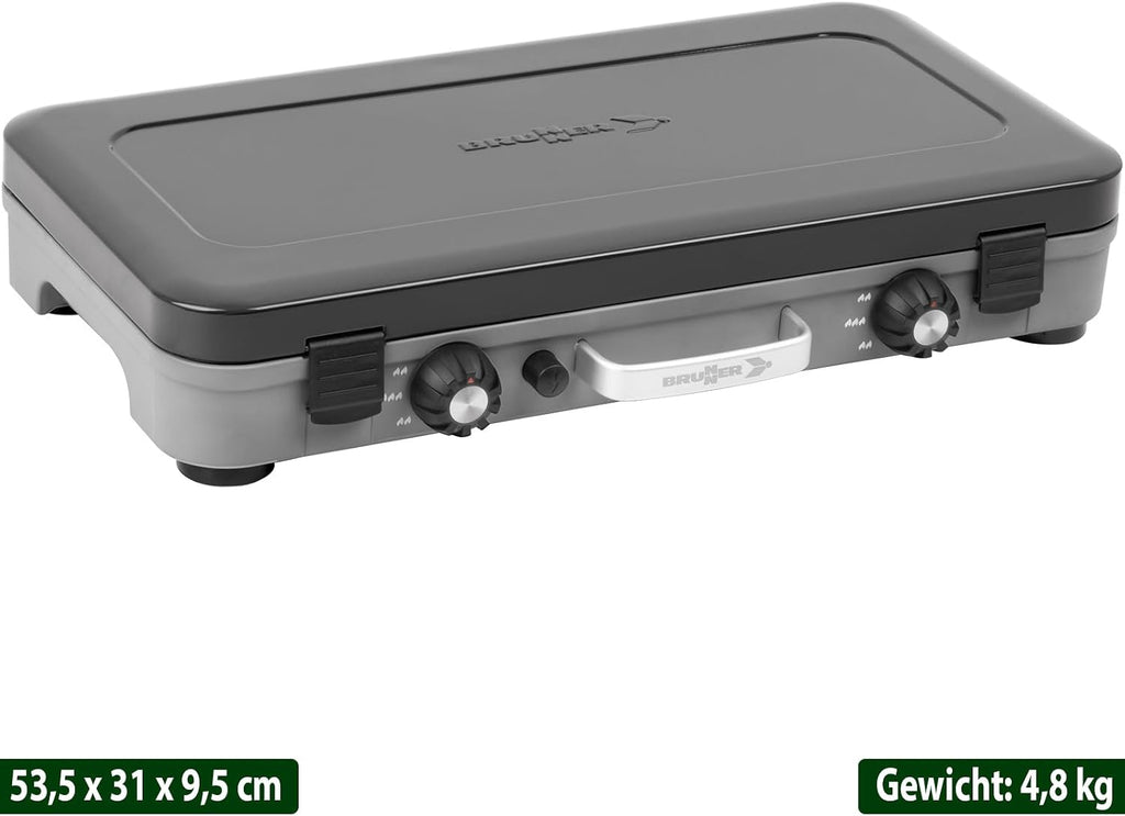BRUNNER: Hornillo de camping de mesa 2 en 1 de 2 fuegos de acero inoxidable, barbacoa de gas y cocina de gas - POWERKOOK 50mbar con 1 cacerola + 1 plancha - con regulador de gas y manguera de gas