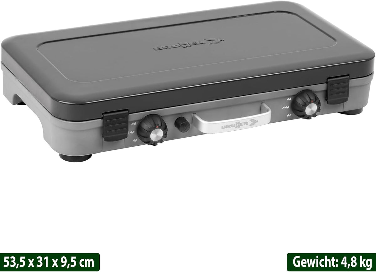 BRUNNER: Hornillo de camping de mesa 2 en 1 de 2 fuegos de acero inoxidable, barbacoa de gas y cocina de gas - POWERKOOK 50mbar con 1 cacerola + 1 plancha - con regulador de gas y manguera de gas