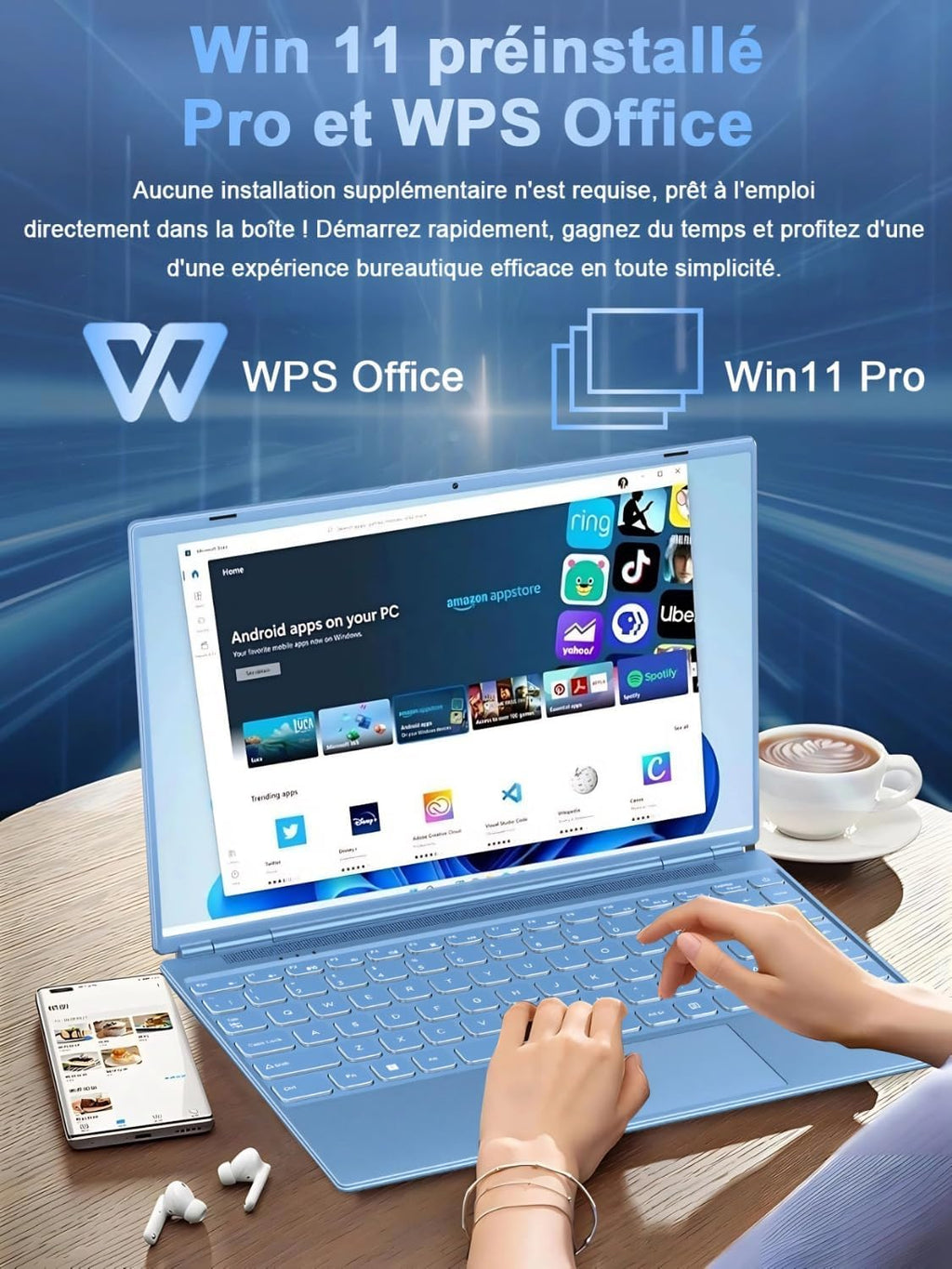 Ordenador portátil de 14'' Celeron N5095 (hasta 2,9 GHz) 8 GB RAM 256 GB SSD con soporte de expansión de 1 TB (TF 512 GB) 1920x1200 Quad Core PC portátil Win11 Laptop 5G WIFI Mini HDMI teclado AZERTY cubierta - Azul