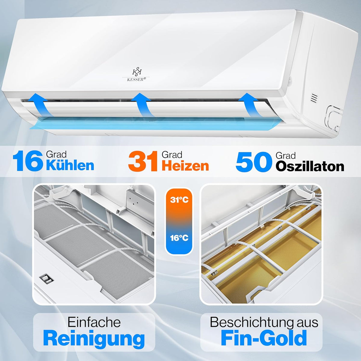 KESSER® Set de aire acondicionado Split - con función WiFi/App - Refrigeración A++/ Calefacción A+ - 9000 BTU/h (2600 vatios) Refrigerante R32 - Mando a distancia, función de temporizador - Incluye material de montaje completo