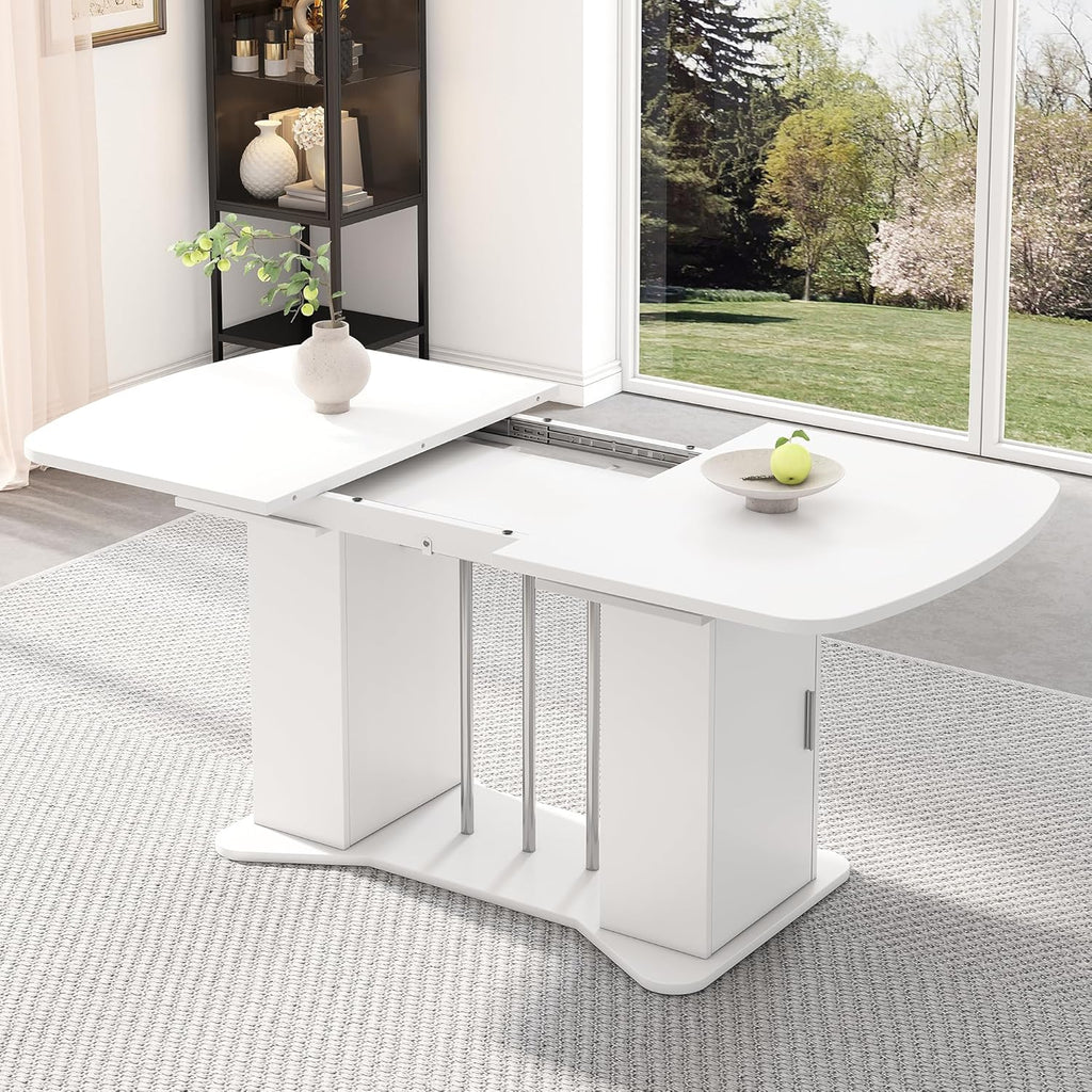 Mesa de comedor extensible moderna Bladez con espacio de almacenamiento, 120-160 cm x 80 cm, MDF en blanco, patas de metal plateado, mesa de cocina multifuncional para 4-8 personas, mesa de comedor