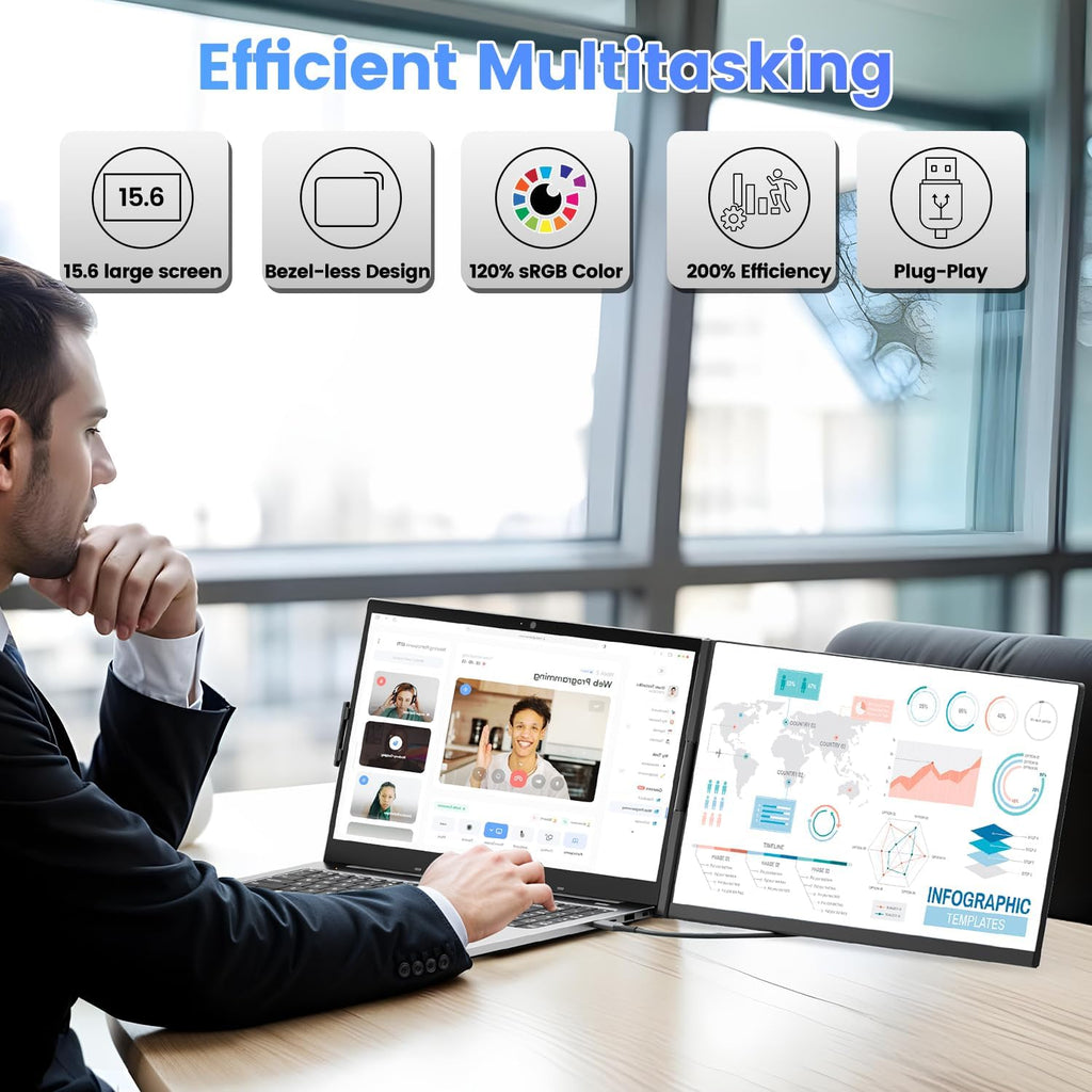 Teamgee Monitor portátil para portátil de 15,6”, extensor de pantalla FHD IPS 1080P compatible con portátiles de 13-17”, pantalla extendida delgada sin bordes con soporte desmontable, Plug-and-Play para Mac y Windows