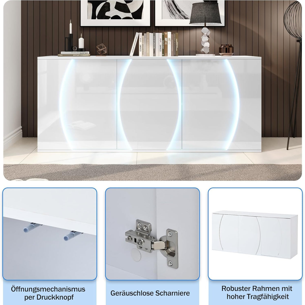 Aparador de salón de alto brillo con 3 puertas, buffet con puertas LED, mueble de salón moderno, armarios de almacenamiento para salón, comedor y pasillo, blanco