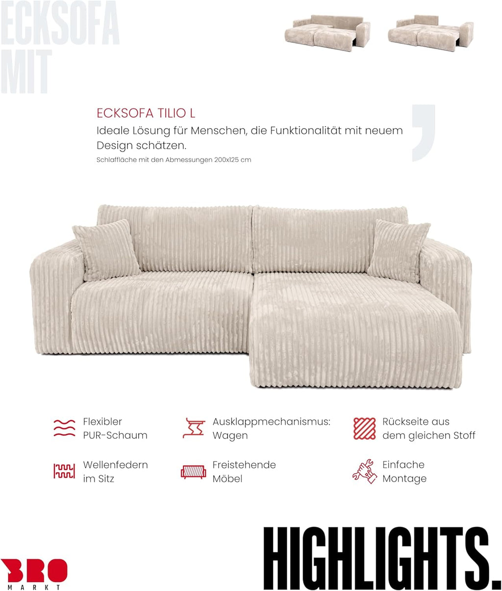 BROMARKT Sofá esquinero con función cama color crema, sofá en forma de L de tela de pana con arcón, sofá cama para salón con espacio de almacenamiento, sofá esquinero de 3 plazas, conjunto de salón 244x148x82 cm TILIO