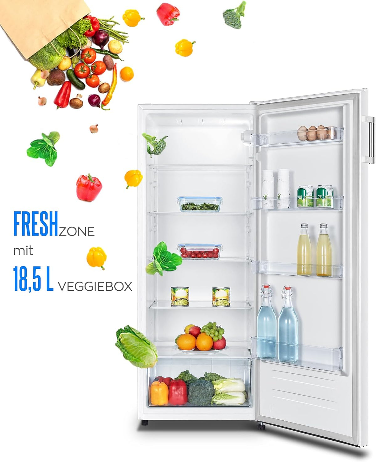 Frigorífico independiente Heinrich's de 242 l, nevera sin congelador, XXL, frigorífico de una puerta, iluminación LED, frigorífico de libre instalación con 5 estantes de cristal, bisagra de puerta reversible, silencioso 40 dB, (blanco)