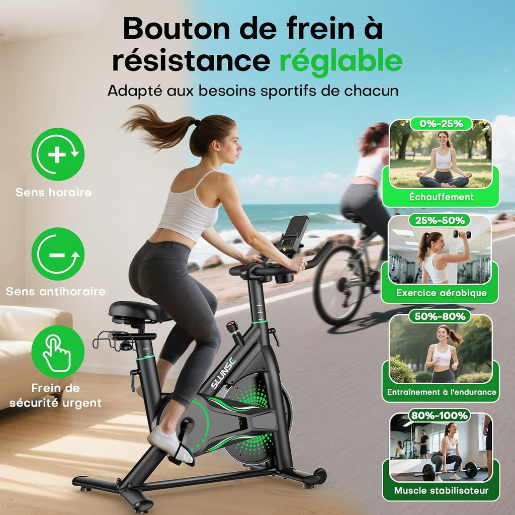 Bicicleta estática para casa, bicicleta de fitness interior silenciosa con resistencia ajustable, bicicleta estática con aplicación, soporte para mancuernas, pantalla LCD, asiento cómodo, capacidad de 180 kg
