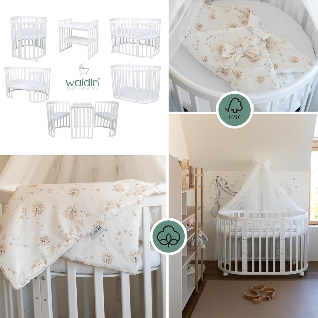 Cuna ovalada evolutiva Waldin, set completo 7 en 1, cuna de barrotes, cama infantil con colchón, cambiador, cuna colecho, madera blanca
