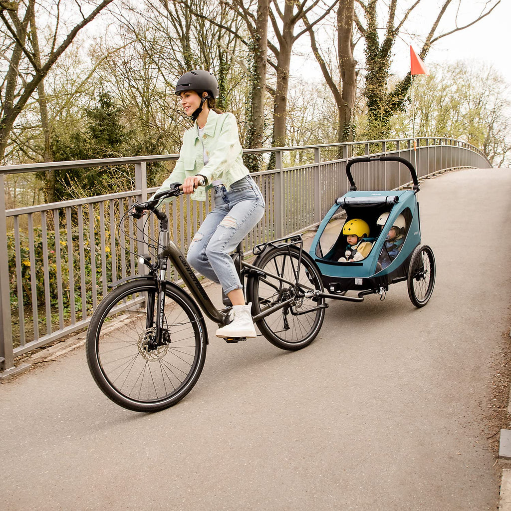 hauck Remolque de bicicleta y cochecito Dryk Duo Plus con suspensión, para 2 niños (6-48 meses), incluye barra de tiro, rueda de cochecito, bandera y luz LED, plegable, altura ajustable, maletero XL (verde oscuro)