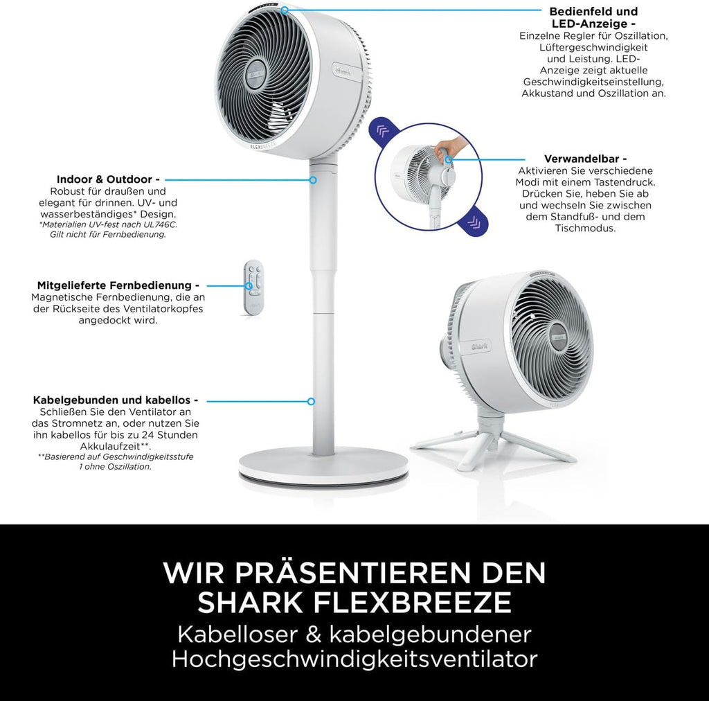 Ventilador Shark FlexBreeze silencioso, ventilador híbrido con y sin cable, portátil, para interiores y exteriores, resistente a los rayos UV y al agua, ultra potente, ultra silencioso, blanco FA220EU