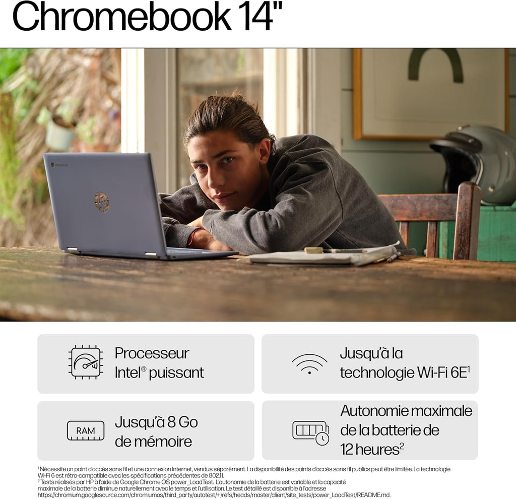 HP Chromebook 14a-nf0001sf Portátil 14" HD, PC Portátil (Intel Celeron N100, RAM 4 GB, Flash 128 GB, Intel Iris XE, Chrome OS), Ordenador Plateado, Teclado AZERTY