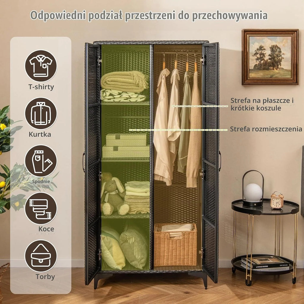 COSTWAY Szafka ogrodowa, rattanowa, szafa na ubrania, szafka do przechowywania na zewnątrz, z drążkiem wiszącym i 2 drzwiami, odporna na warunki atmosferyczne, szafa tarasowa, szafka na narzędzia do