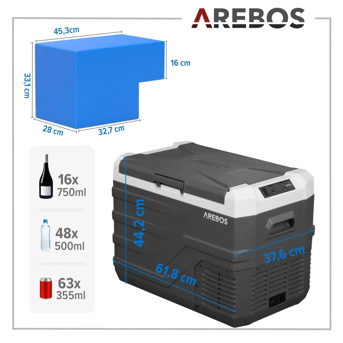 Nevera de compresor Arebos 35 litros con control inteligente por app, USB, hasta -20°C, 12V 24V 230V, para coche, camión, camping, barco y autocaravana
