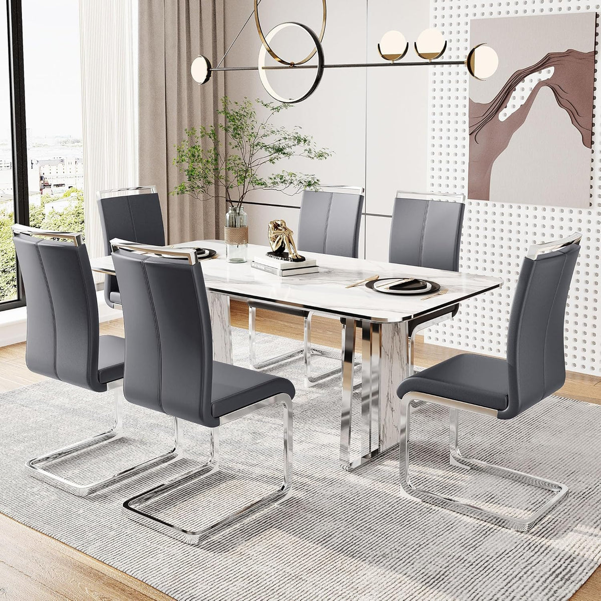 Juego de 4 sillas cantilever Merax, sillas de comedor con piel sintética PU y respaldo alto, estructura de metal cromado, silla de cocina moderna, silla tapizada para sala de estar y sala de conferencias, gris