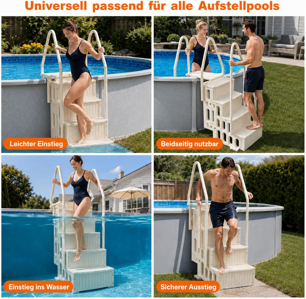Escalera de piscina de 4 peldaños, escalera de piscina de HDPE blanca con pasamanos doble y antideslizante, capacidad de carga máxima de 180 kg para piscinas desmontables de 122–137 cm, piscina de jardín, piscinas enterradas, familias y personas mayores