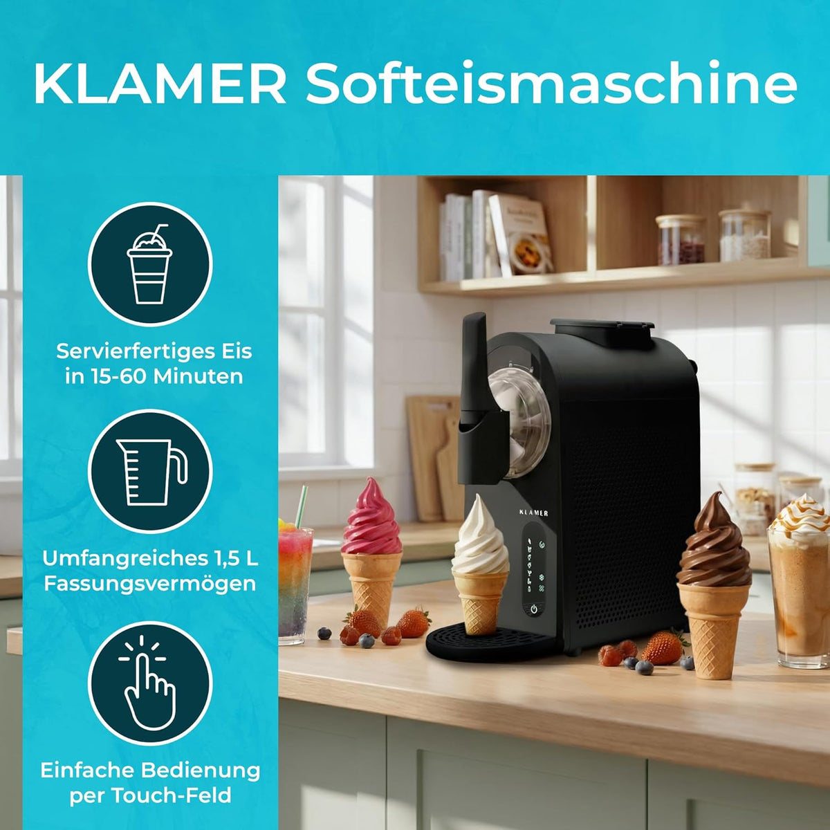 Máquina de helados, granizadora y máquina de sorbete KLAMER con 7 programas: helado suave, granizado, frappé y más, capacidad de 1,5 L, limpieza automática, no requiere hielo, incluye recetario digital