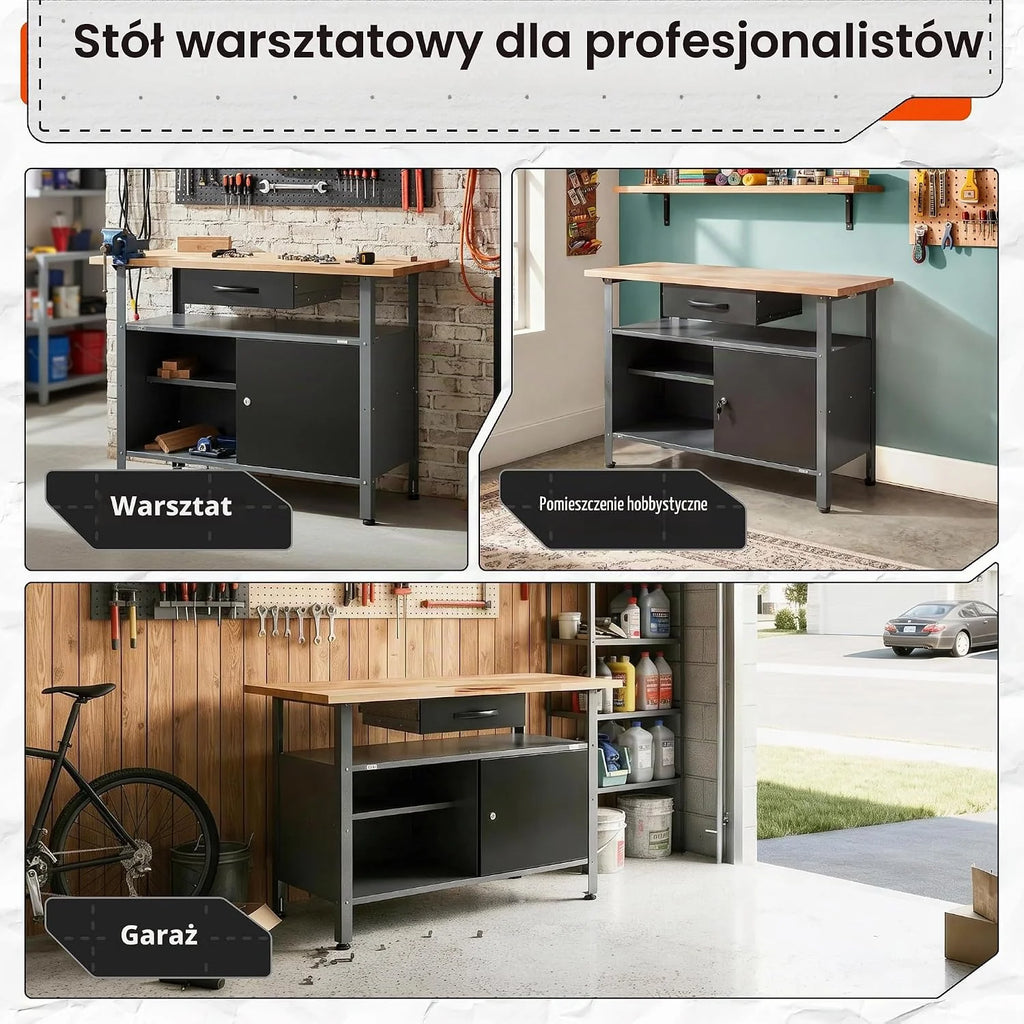 Ondis24 Stół warsztatowy Klaus 120 cm, metalowe drzwi zamykane, nogi z regulacją wysokości, wysokość robocza 85 cm, czarny blat bukowy