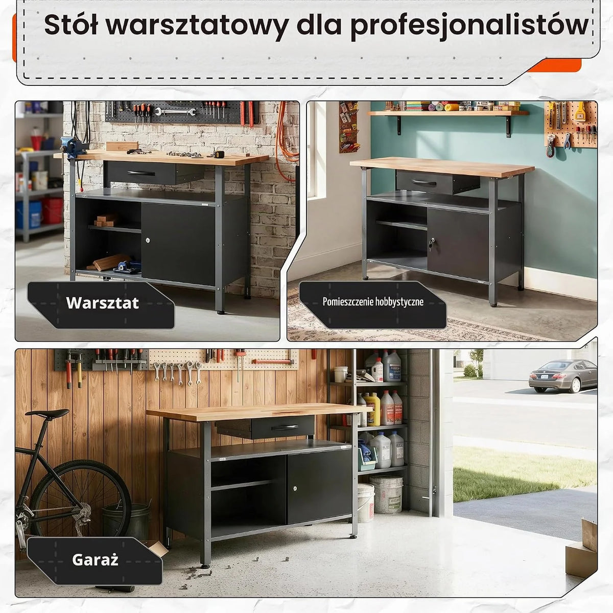 Ondis24 Stół warsztatowy Klaus 120 cm, metalowe drzwi zamykane, nogi z regulacją wysokości, wysokość robocza 85 cm, czarny blat bukowy