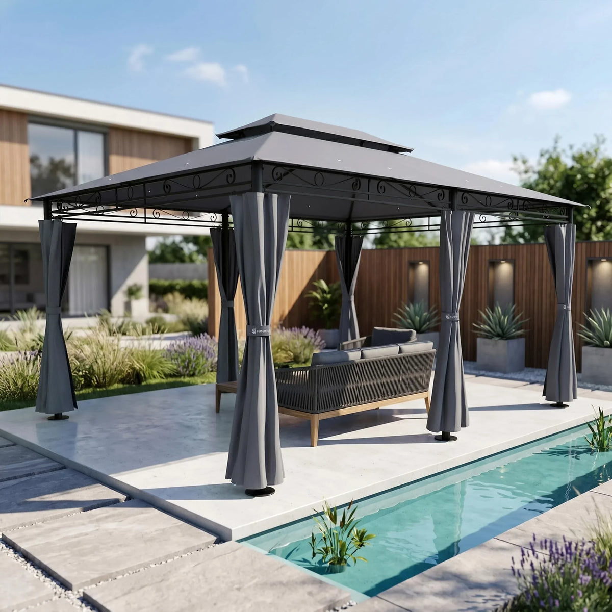 Pabellón de 3 x 4 m con laterales, protección UV 50+, techo repelente al agua, estructura de acero y ventilación superior