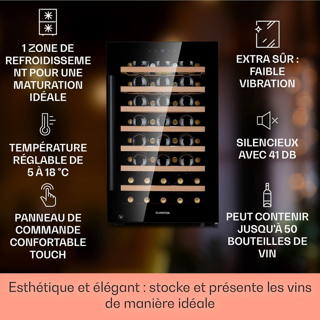 Klarstein Vinoteca, Nevera para Vinos con Puerta de Cristal, Bodega Envejecedora, Zona Única, Prosecco, Cerveza, Pantalla Táctil, Minibar, Frigorífico, Protección UV, 5-18°C, 52 Botellas