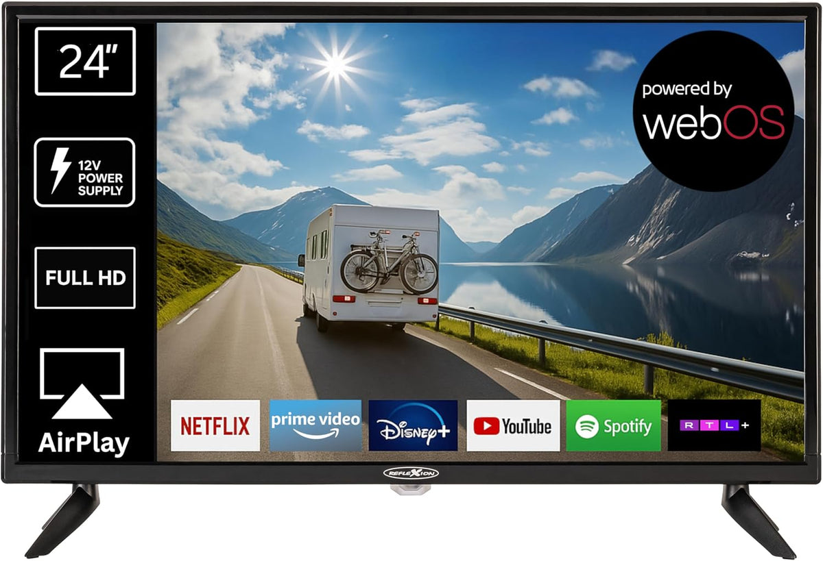 Televisor Smart LED REFLEXION LED24IBT, LG webOSHub, 60 cm / 24 pulgadas, TV para caravana/autocaravana/camping/caravana/barco/camión, 12/230 voltios, Full HD, triple sintonizador, DVB-T2HD, DVB-S2, DVB-C, Bluetooth, WLAN