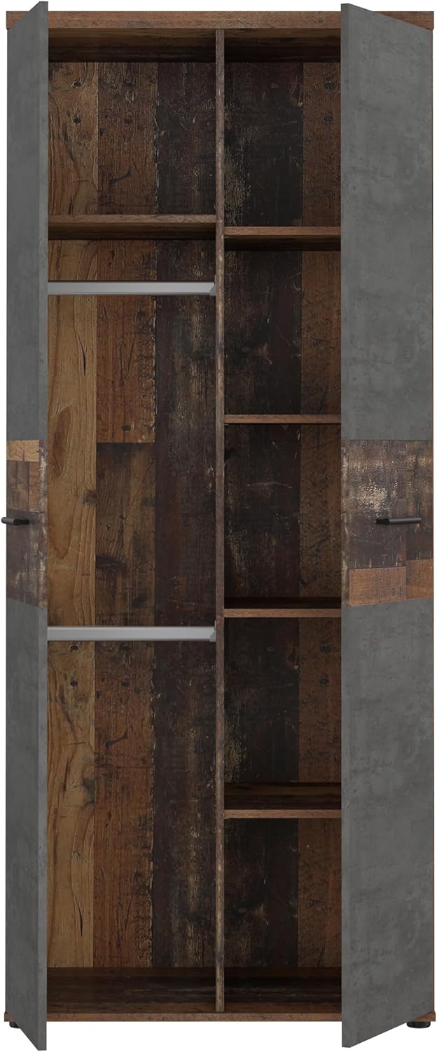 Armario ropero Forte Winnie 80, armario rústico de puertas batientes, 2 puertas, baldas, espacioso, decoración en madera Old Wood Vintage/aspecto hormigón gris oscuro, 79,9 cm de ancho x 189 cm de alto x 53,7 cm de fondo