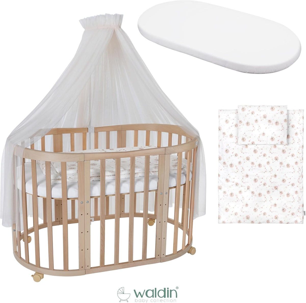 Cuna ovalada evolutiva Waldin, set completo 7 en 1, cuna de barrotes, cama infantil con colchón, cambiador, cuna colecho, madera blanca
