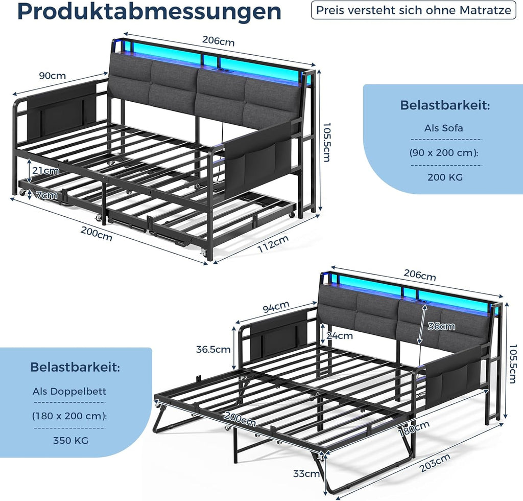 Sofá cama Brinlawb con cama nido, diván de 90x200 (180x200) cm, diván extraíble con iluminación LED y estación de carga (2 tomas de corriente CA, 2 puertos USB), cama individual y cama doble, cama de invitados