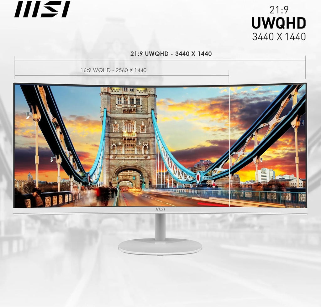 Monitor de oficina curvo MSI Pro MP341CQW 34" UWQHD - Panel VA 1500R, 3440x1440, 100Hz, confort ocular, contraste 3000:1, 21:9, altavoces integrados, DP 1.2a, HDMI 2.0b - Blanco