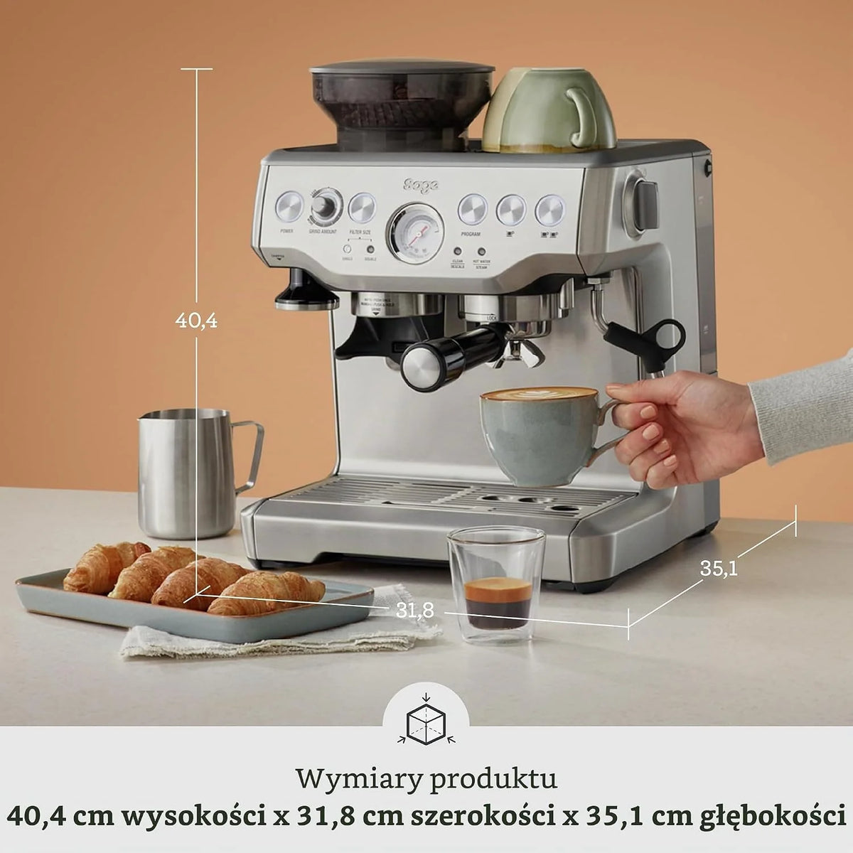 Sage - The Barista Express - Ekspres do kawy z ręcznym spieniaczem mleka - Automatyczne mielenie, indywidualna pianka mleczna - Szczotkowana stal nierdzewna, dzbanek do mleka z regulacją temperatury