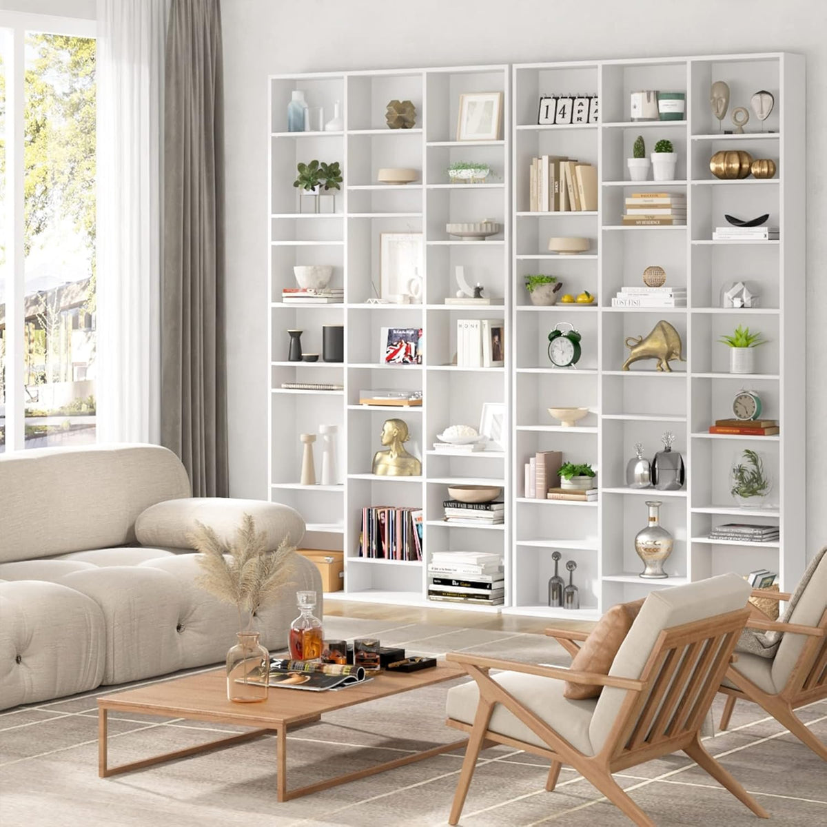 Estantería para libros FirFurd de 190 cm, estante para CD con 27 compartimentos, soporte para CD ajustable en altura, estantería de pie, separador de ambientes para sala de estar, estudio, blanco