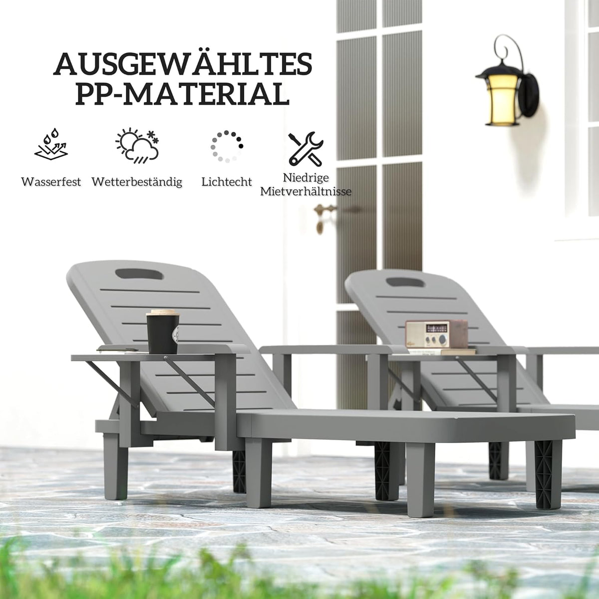 Outsunny Set de 2 tumbonas de jardín con mesa auxiliar, aspecto de madera, respaldo ajustable en 5 posiciones, silla de jardín resistente a la intemperie, carga máx. 120 kg, para jardín, exterior, playa, gris oscuro
