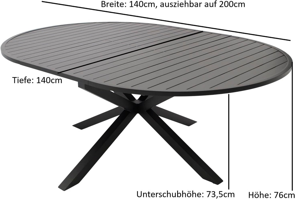Mesa de jardín extensible DEGAMO Arles, redonda de 140 cm, extensible a ovalada de 200 cm, aluminio antracita, para exterior, resistente a la intemperie