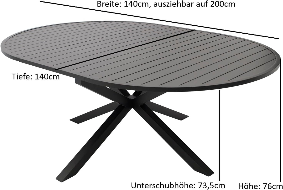Mesa de jardín extensible DEGAMO Arles, redonda de 140 cm, extensible a ovalada de 200 cm, aluminio antracita, para exterior, resistente a la intemperie