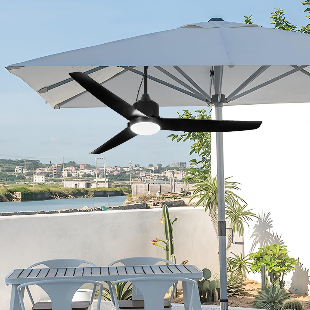 Ventilador de techo con iluminación y mando a distancia, resistente al agua IP65, ventilador de exterior regulable, lámpara de techo moderna con ventilador, ventilador silencioso con luz para dormitorio, balcón y exterior