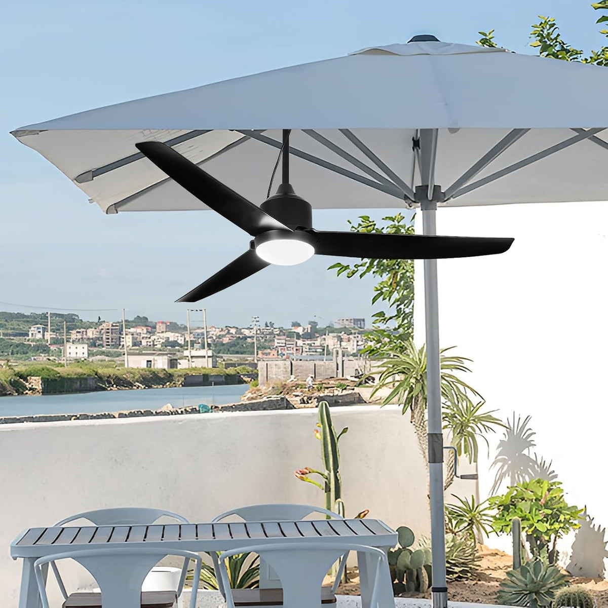 Ventilador de techo con iluminación y mando a distancia, resistente al agua IP65, ventilador de exterior regulable, lámpara de techo moderna con ventilador, ventilador silencioso con luz para dormitorio, balcón y exterior