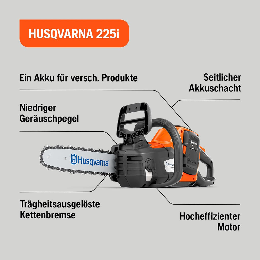 Motosierra de batería Husqvarna 225i: ligera, inalámbrica, silenciosa, espada de 14″, velocidad de cadena de 20 m/s, ideal para poda y mantenimiento de jardines (incluye batería y cargador)