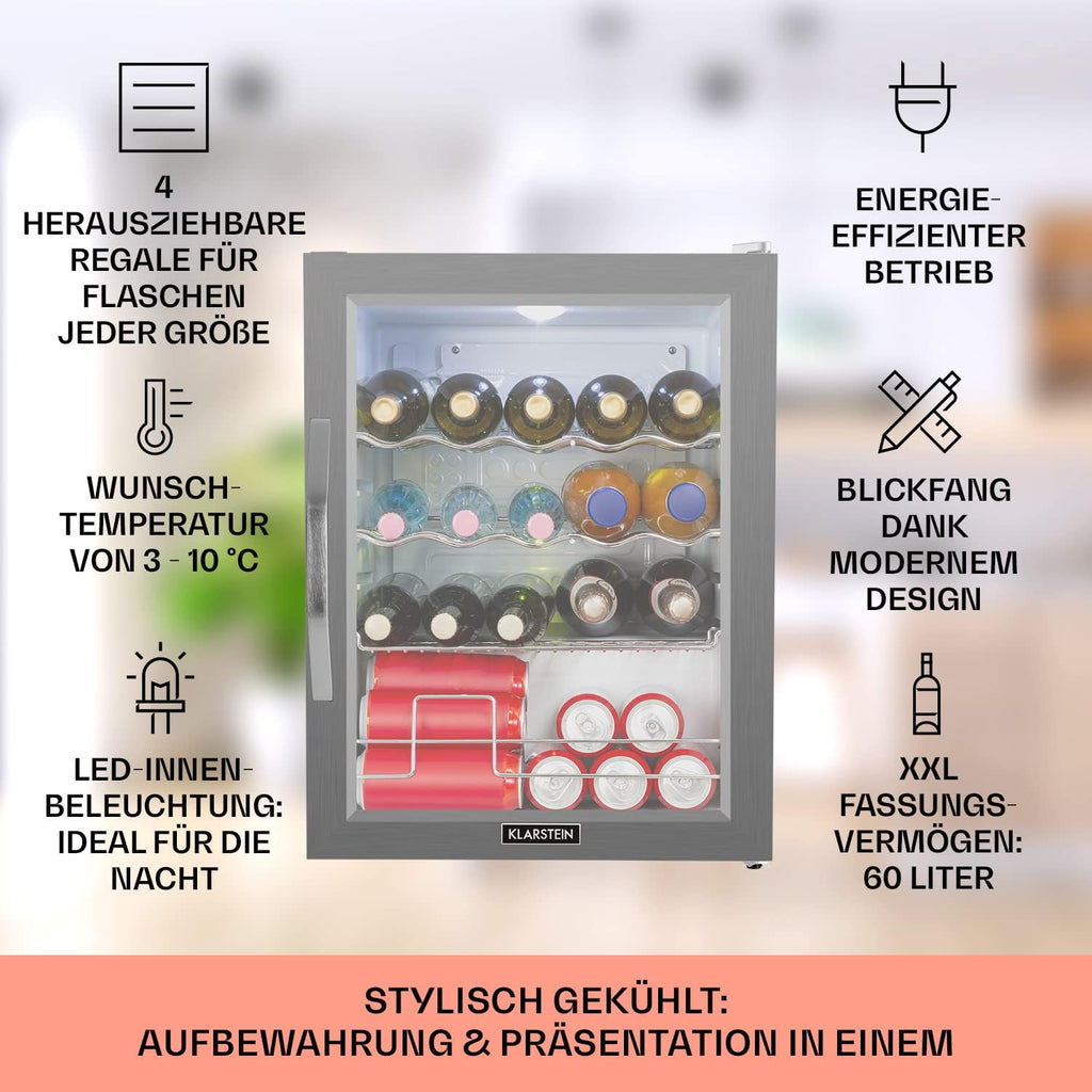 Mininevera Klarstein con puerta de cristal para habitaciones, refrigerador de bebidas con estantes ajustables, pequeño de 80 litros, frigorífico silencioso para interiores/exteriores