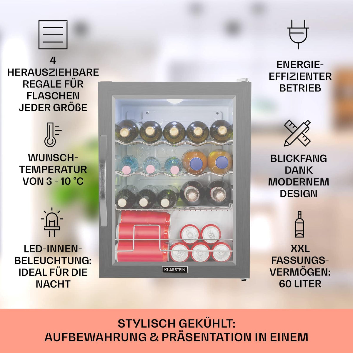 Mini refrigerador Klarstein con puerta de cristal, mini, para habitación, refrigerador de bebidas pequeño con estantes ajustables, con estantes ondulados, refrigerador silencioso de 60 litros