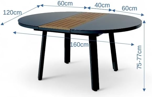 ALEOS. Conjunto de jardín, set de aluminio y teca con mesa redonda extensible de 120 cm a 160 cm + 6 sillas apilables, color antracita Trinidad