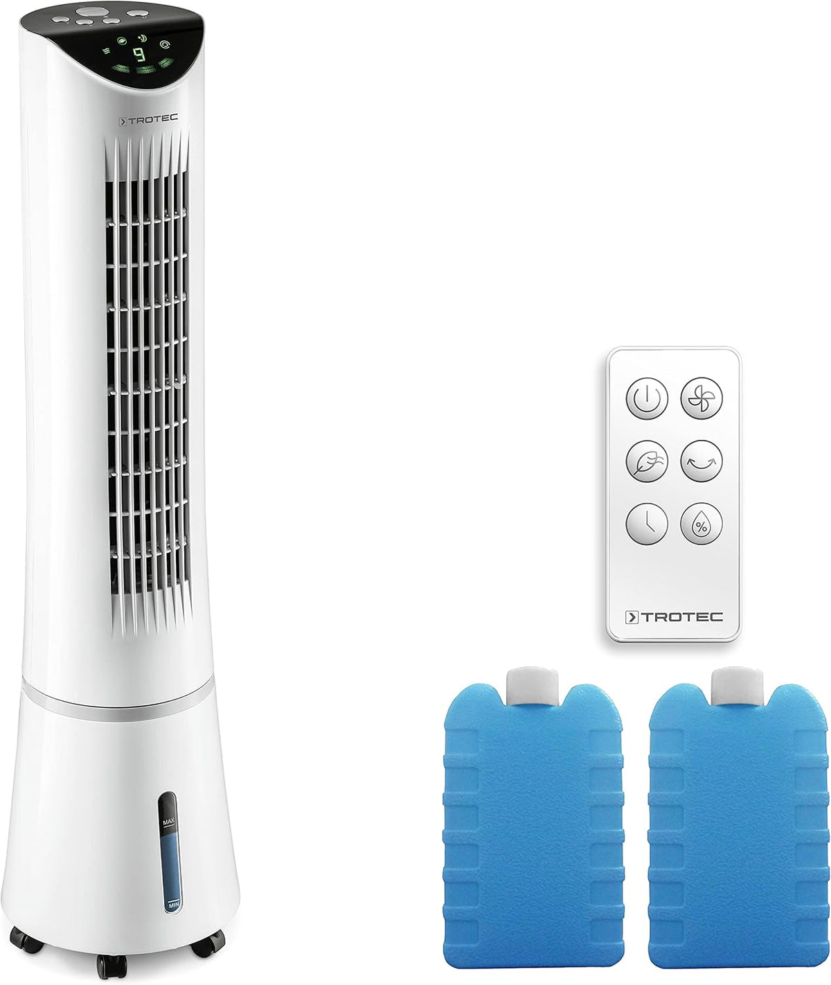 Enfriador de aire 3 en 1 TROTEC PAE 29 en forma de torre para refrigeración, ventilación y humidificación del aire