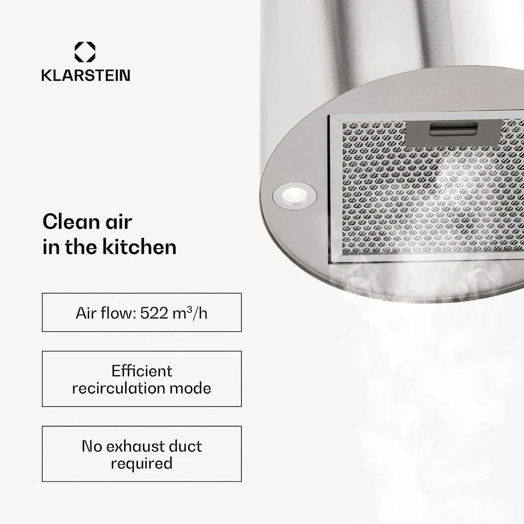 Klarstein Okap kuchenny, Okap wyspowy wiszący, Przepływ powietrza 522m³/h, wyciągowy/z recyrkulacją do montażu sufitowego, Nowoczesny wyspowy, 3 biegi, Filtr węglowy