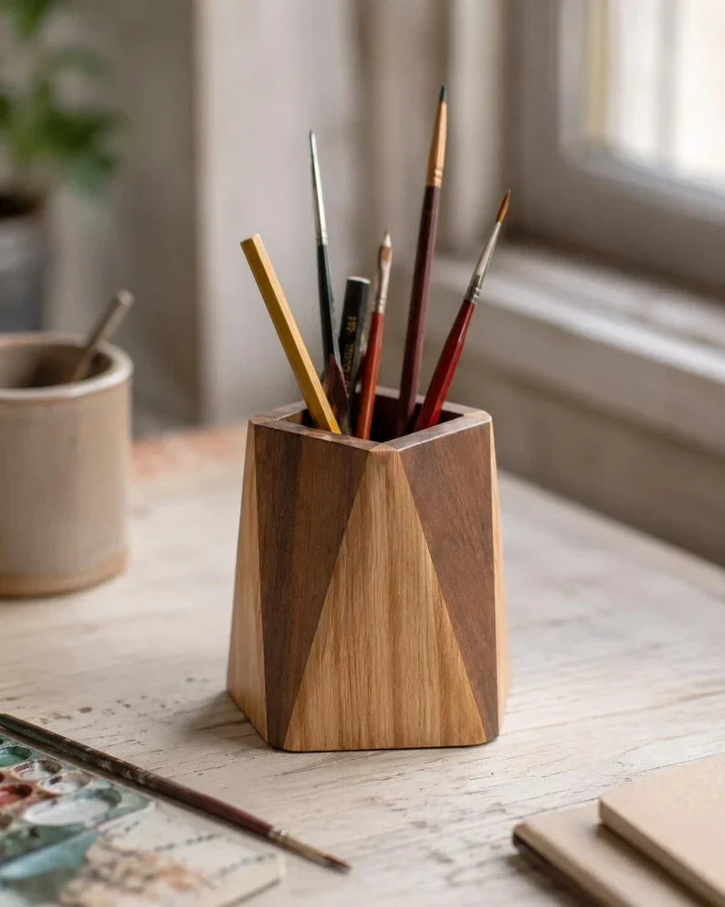 Portalápices geométrico de madera de nogal, organizador de escritorio abierto para artículos de papelería