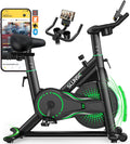 Bicicleta estática para casa, bicicleta de fitness interior silenciosa con resistencia ajustable, bicicleta estática con aplicación, soporte para mancuernas, pantalla LCD, asiento cómodo, capacidad de 180 kg